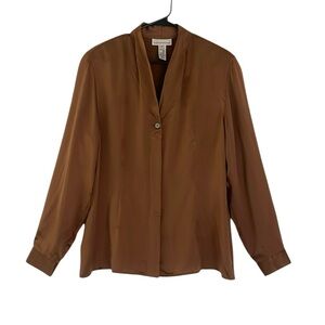 Evan Picone 100% Silk Vintage Brown Long Sleeve Button Down Shirt